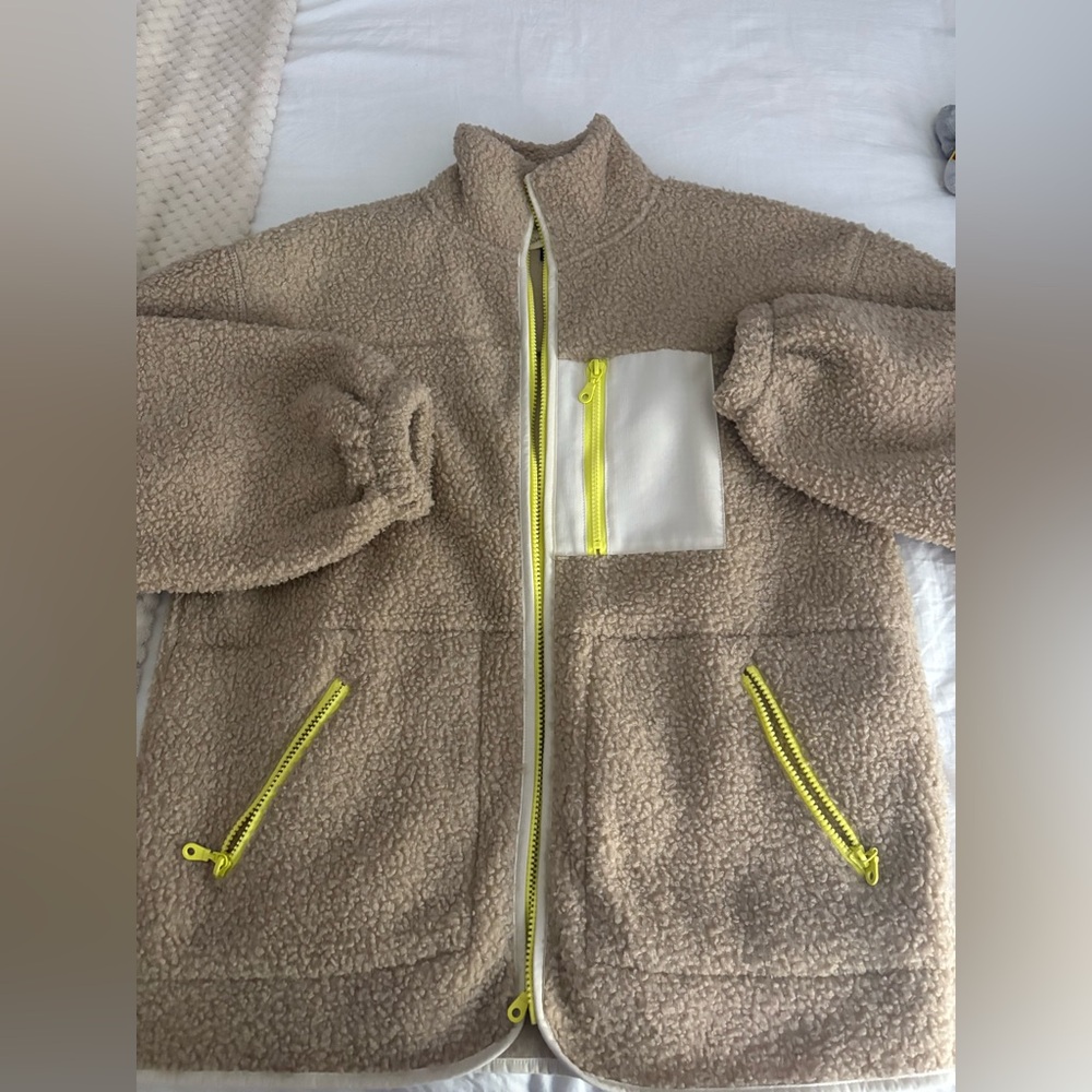 Womens Tan Fleece Jacket with Yellow Accents